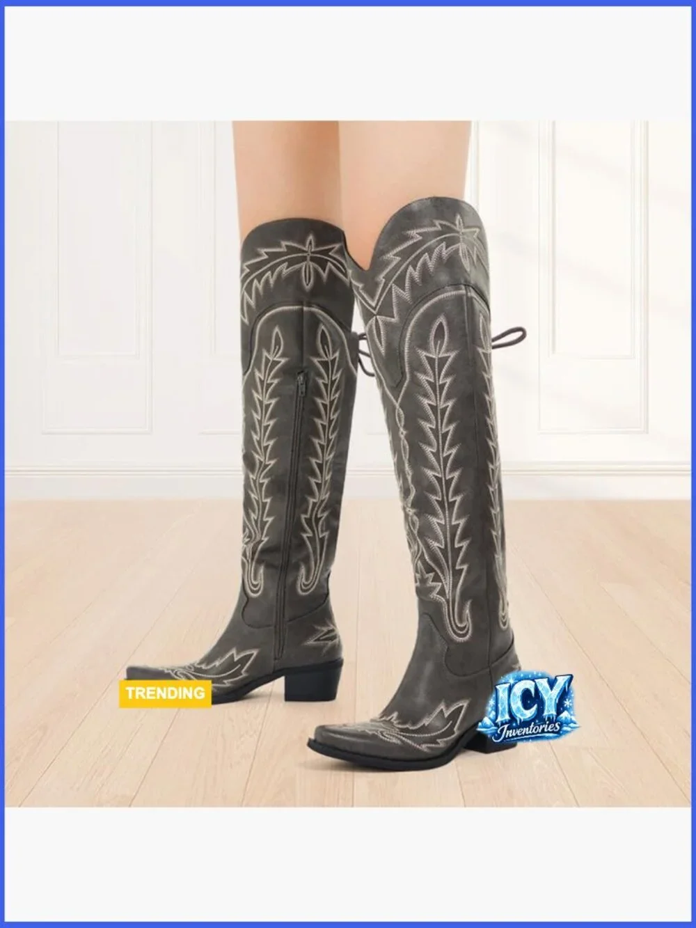Thigh High Wide Calf Embroidered Western Cowboy Boots Chunky Heel